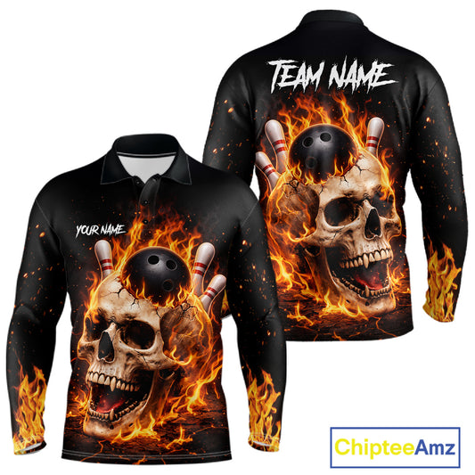 Flame Skull Bowling Polo, 1/4 zip shirts for men custom Skull team Bowling uniforms league jerseys NQS11577