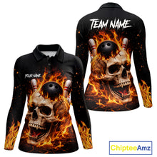 Load image into Gallery viewer, Flame Skull Bowling Polo, 1/4 zip shirts for Women custom Skull team Bowling uniforms league jerseys NQS11577