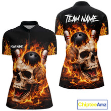 Load image into Gallery viewer, Flame Skull Bowling Polo, 1/4 zip shirts for Women custom Skull team Bowling uniforms league jerseys NQS11577