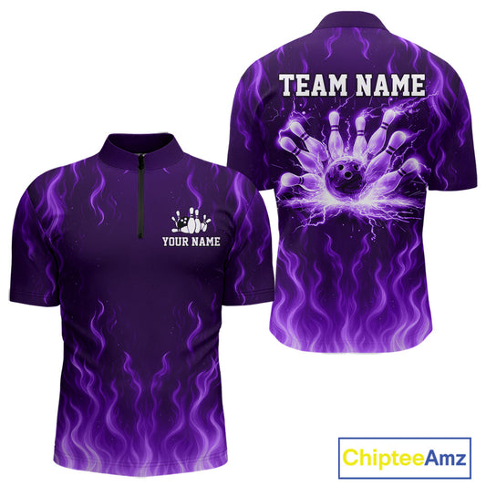 Purple flame lightning thunder Bowling polo, quarter zip shirts for men custom Bowling team jerseys NQS10980