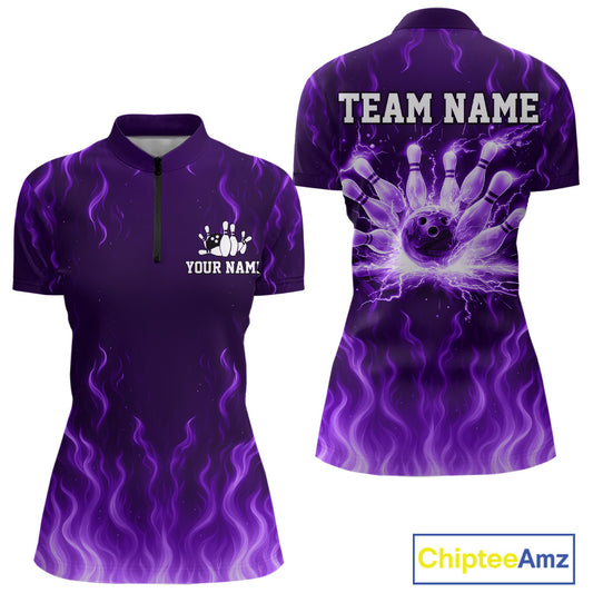 Purple flame lightning thunder Bowling polo, quarter zip shirts for Women custom Bowling team jerseys NQS10980