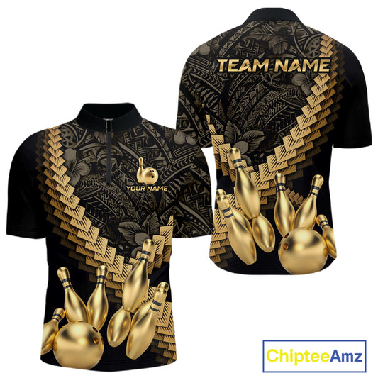 Custom Black and Gold tribal pattern Bowling Polo, 1/4 zip Shirts For Men, Team Bowling League jersey NQS11591