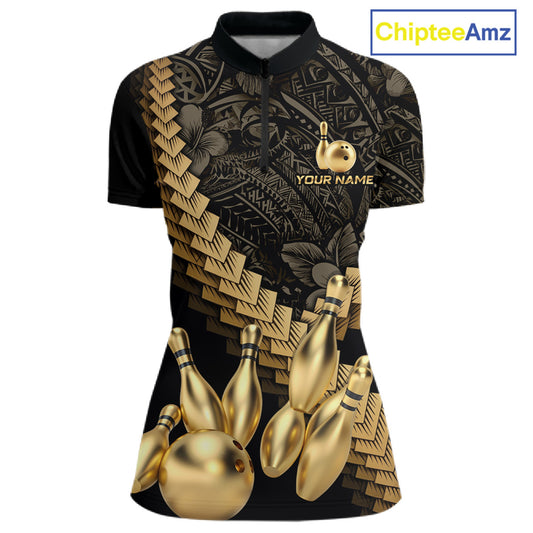 Custom Black & Gold tribal pattern Bowling Polo, 1/4 zip Shirts For Women, Team Bowling League jersey NQS11591