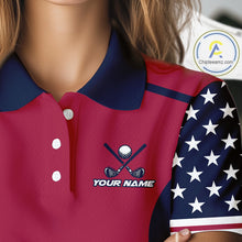 Load image into Gallery viewer, Personalized Red, white &amp; blue US flag Women golf polo shirts custom patriotic golf attire for ladies NQS11387