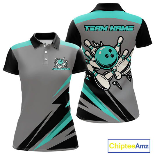 Personalized Gray and Turquoise Bowling Team Shirts For Women Custom Bowling Polo, Quarter Zip Shirts NQS10822