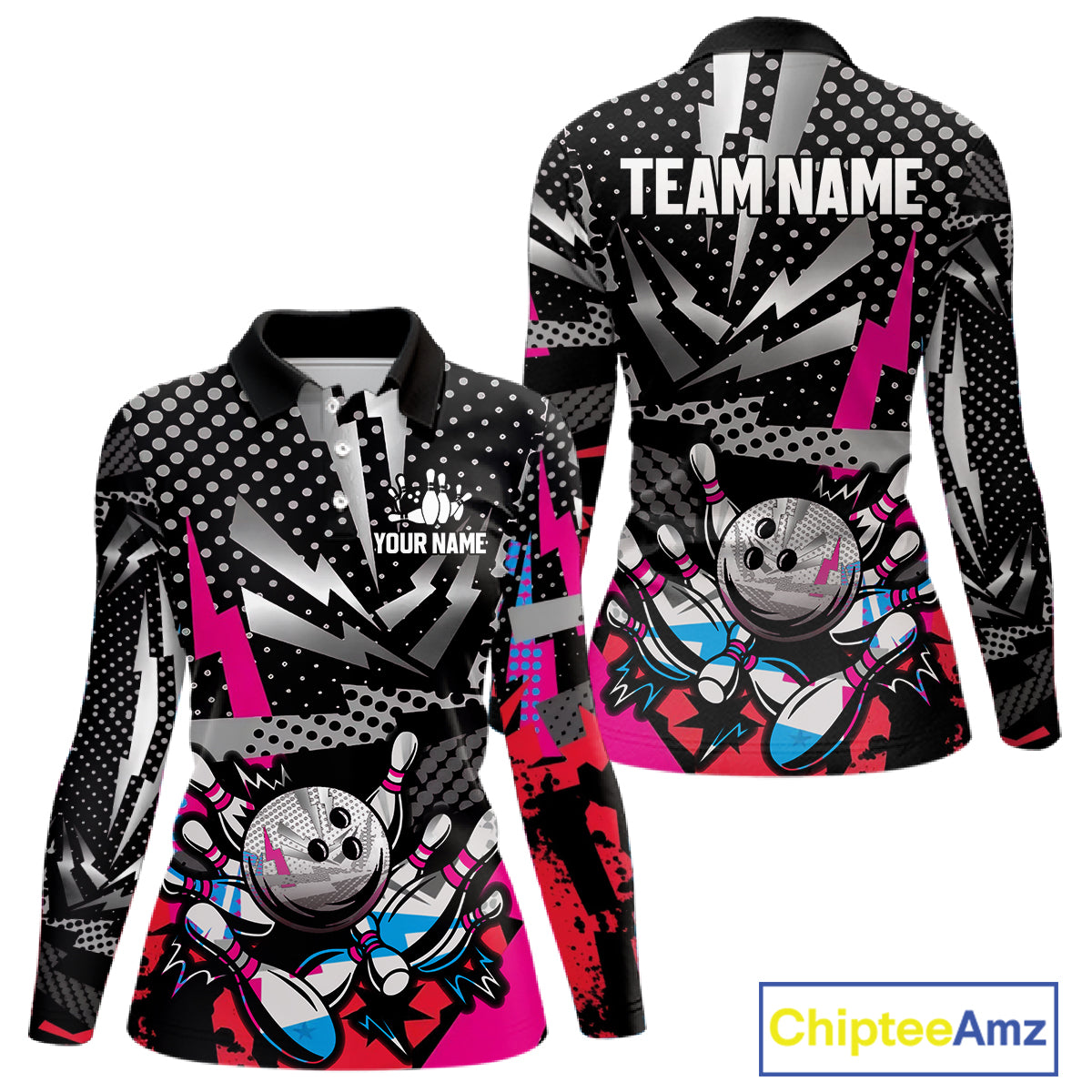 Colorful Lightning pattern Bowling Polo, Quarter Zip Shirts For Women Custom Team Bowling Jerseys NQS11202