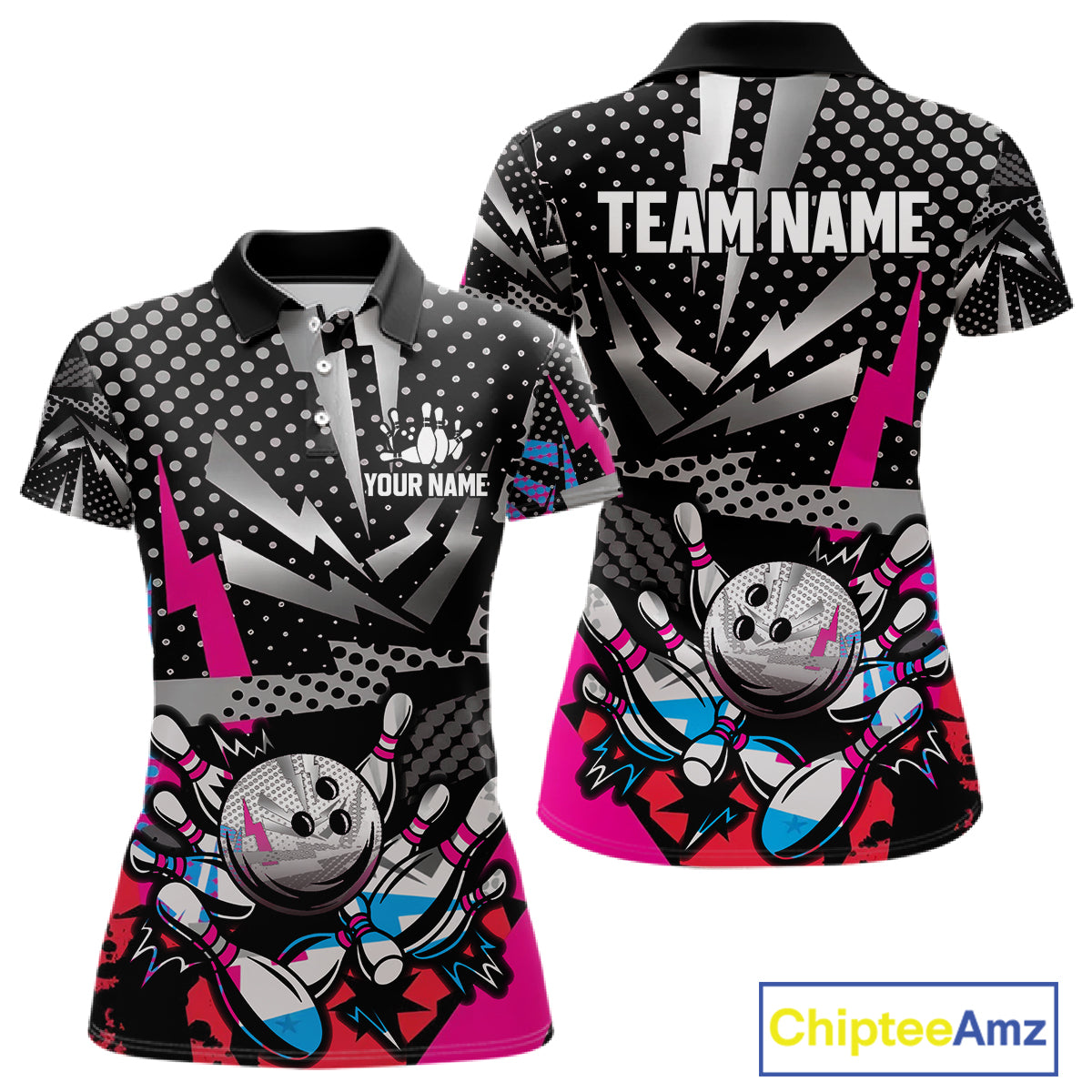Colorful Lightning pattern Bowling Polo, Quarter Zip Shirts For Women Custom Team Bowling Jerseys NQS11202