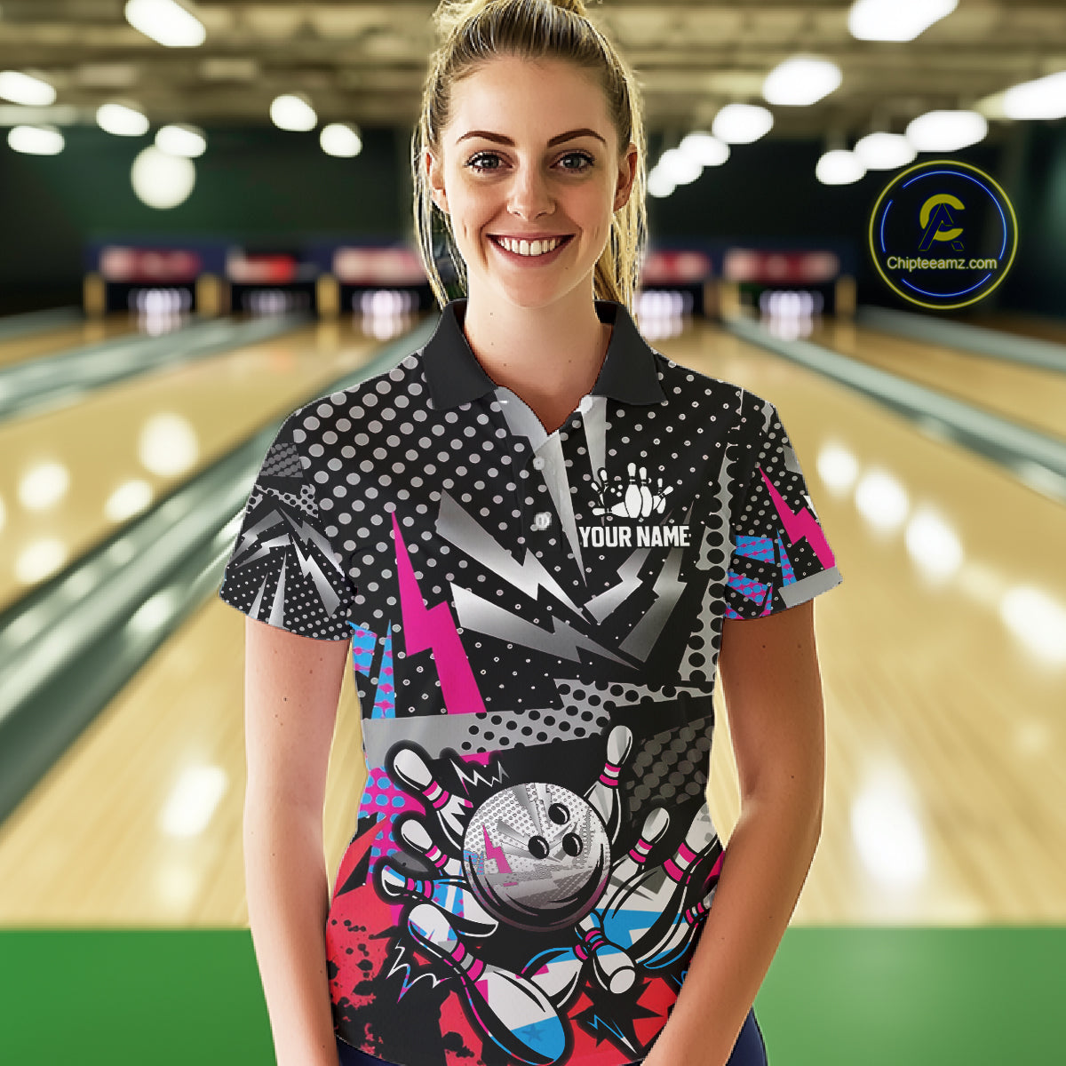 Colorful Lightning pattern Bowling Polo, Quarter Zip Shirts For Women Custom Team Bowling Jerseys NQS11202