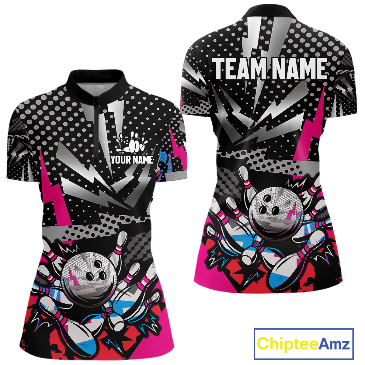 Colorful Lightning pattern Bowling Polo, Quarter Zip Shirts For Women Custom Team Bowling Jerseys NQS11202