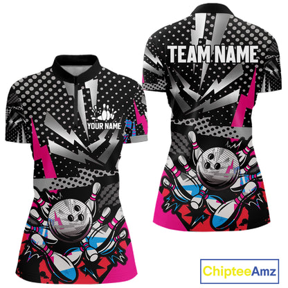 Colorful Lightning pattern Bowling Polo, Quarter Zip Shirts For Women Custom Team Bowling Jerseys NQS11202