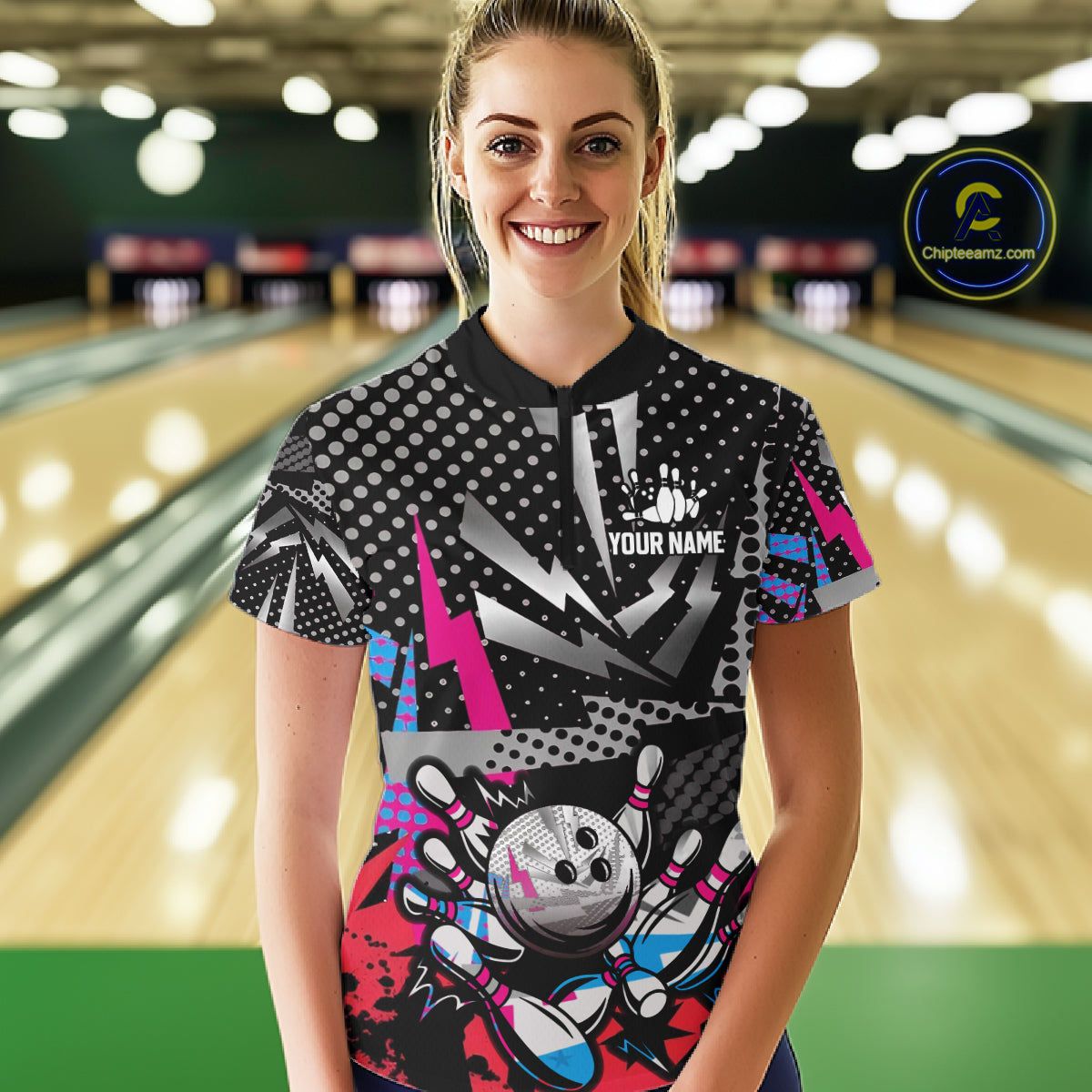 Colorful Lightning pattern Bowling Polo, Quarter Zip Shirts For Women Custom Team Bowling Jerseys NQS11202