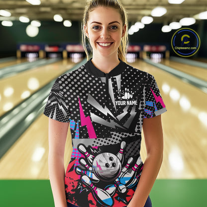 Colorful Lightning pattern Bowling Polo, Quarter Zip Shirts For Women Custom Team Bowling Jerseys NQS11202