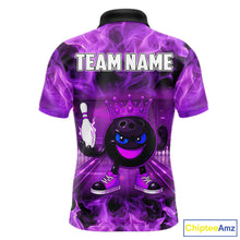 Load image into Gallery viewer, Funny Crown Bowling Purple Flame Bowling Polo, Quarter Zip Shirt For Men Custom Bowling Team Jersey NQS11721