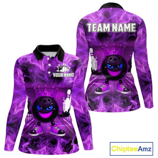 Funny Crown Bowling Purple Flame Bowling Polo, Quarter Zip Shirt For Women Custom Bowling Team Jersey NQS11721