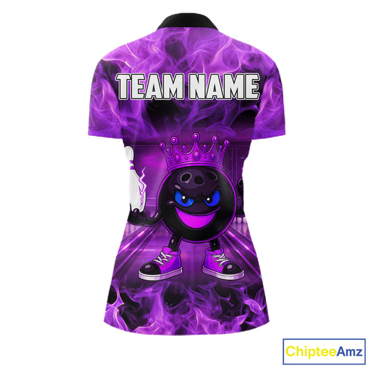 Funny Crown Bowling Purple Flame Bowling Polo, Quarter Zip Shirt For Women Custom Bowling Team Jersey NQS11721