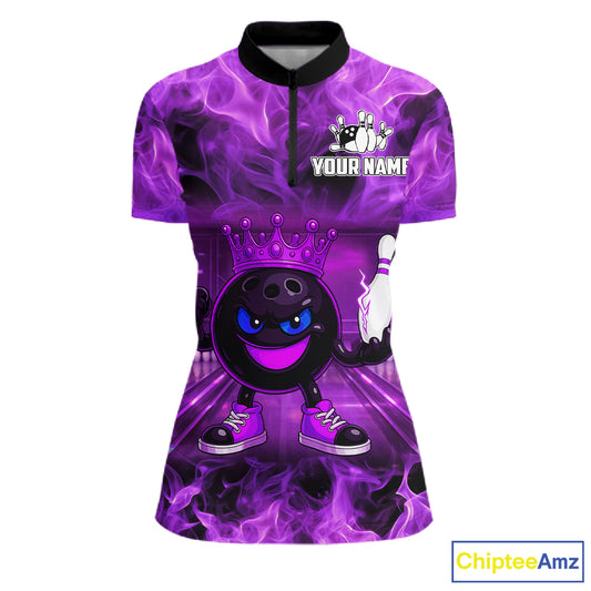 Funny Crown Bowling Purple Flame Bowling Polo, Quarter Zip Shirt For Women Custom Bowling Team Jersey NQS11721