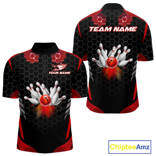 Black and Red Hexagon pattern Bowling Shirts For Men custom bowling team jersey with name NQS11020