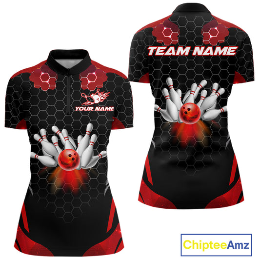 Black and Red Hexagon pattern Bowling Shirts For Women custom bowling team jersey with name NQS11020