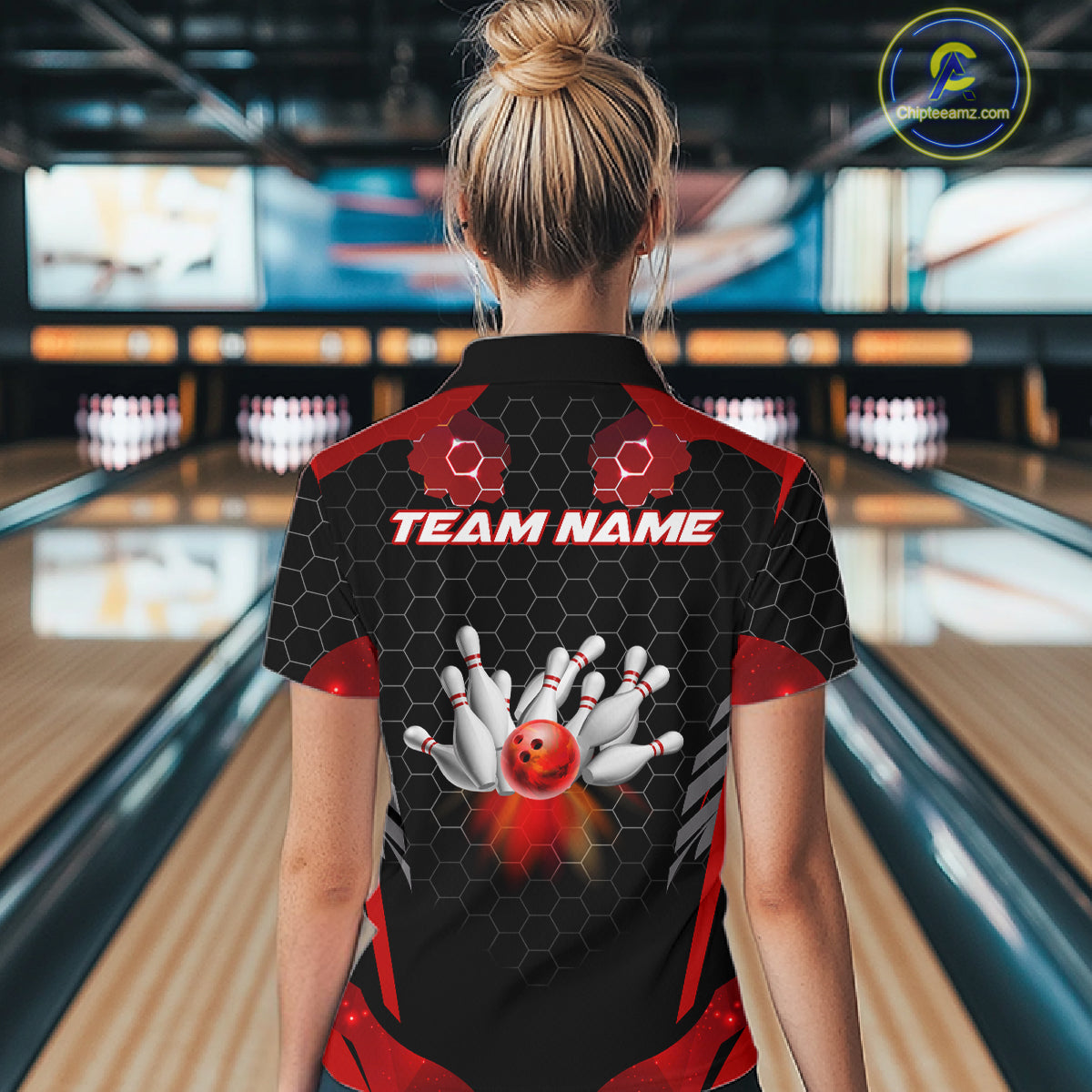 Black and Red Hexagon pattern Bowling Shirts For Women custom bowling team jersey with name NQS11020