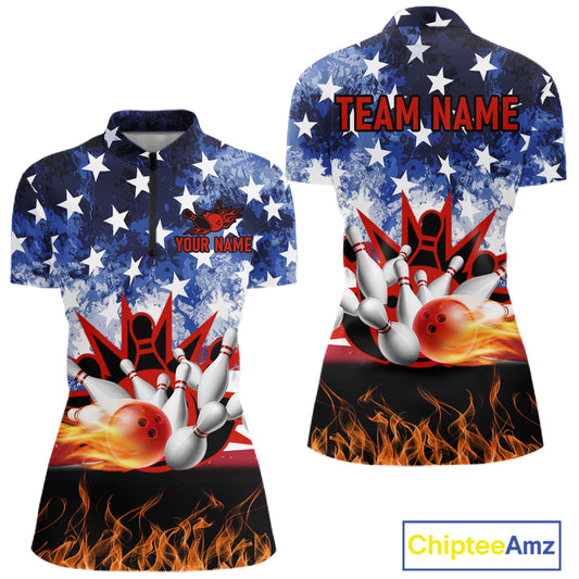 Custom American Flag Flame Bowling Polo, Quarter Zip Shirts For Women, Patriotic Bowling Team Jersey NQS11041
