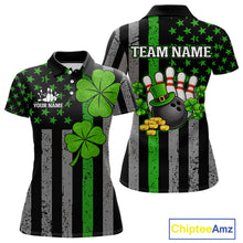 Load image into Gallery viewer, Custom Black Grunge US Flag Patriotic Bowling Shirt For Women Green Shamrock St Patrick Team Jersey NQS11447