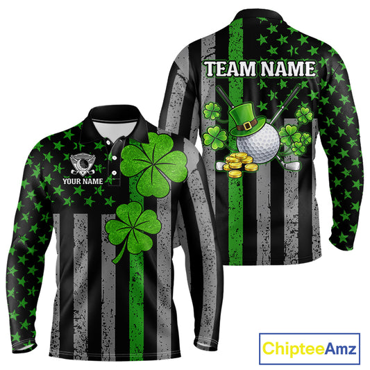 Custom Black Grunge US Flag Patriotic Golf Polo shirts for Men Green Shamrock St Patrick Team Jersey NQS11448