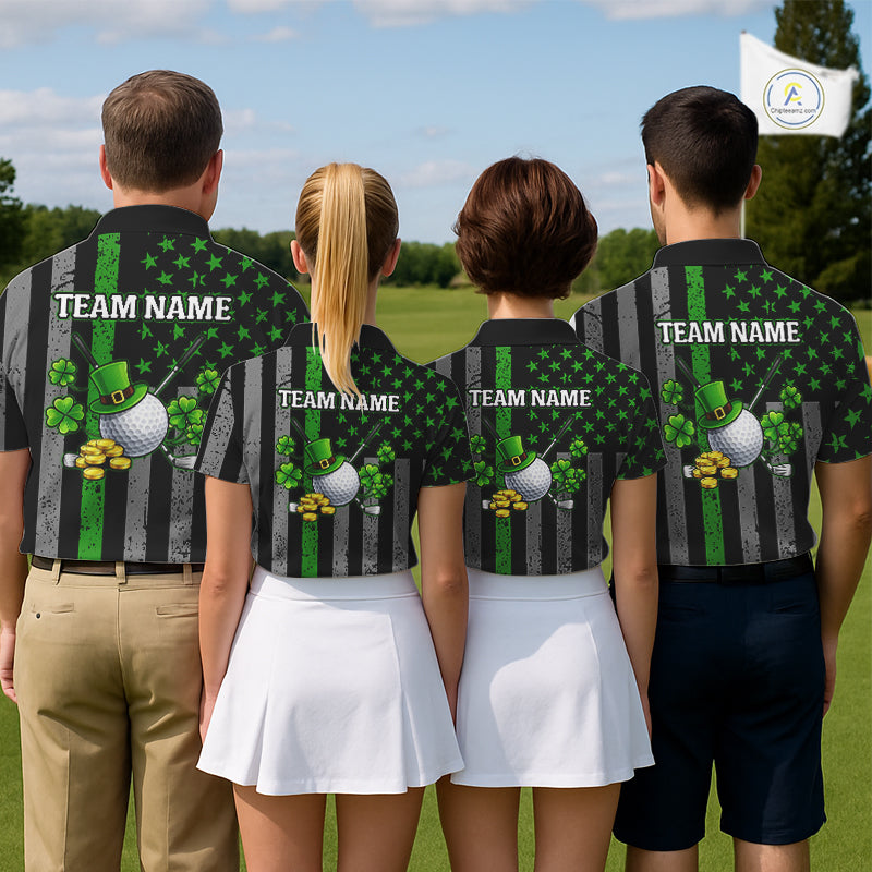 Custom Black Grunge US Flag Patriotic Golf Polo shirt for Women Green Shamrock St Patrick Team Jersey NQS11448