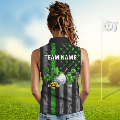 Custom Black Grunge US Flag Patriotic Sleeveless Polo shirts Green Shamrock St Patrick Golf Jersey NQS11448