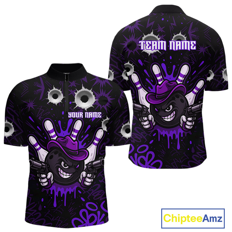 Funny Black and Purple Bowling Cowboy gun Men bowling polo, 1/4 zip shirts Custom bowling team jersey NQS10659