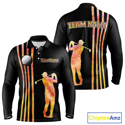 Personalized Watercolor Stripes Golf Polo Shirts For Men, Black Team Mens Golf Attire NQS11651