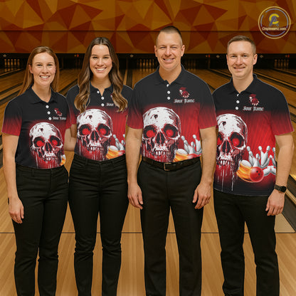 Black & Red Skull Bowling Polo, 1/4 zip shirts for Women Custom team bowling jerseys, Gift for bowler NQS11480