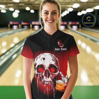 Black & Red Skull Bowling Polo, 1/4 zip shirts for Women Custom team bowling jerseys, Gift for bowler NQS11480