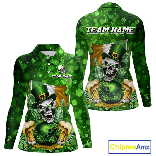 Custom Funny Skull Bowling and Beer Ireland Flag Green St Patrick Team Bowling Jerseys For Women NQS11484