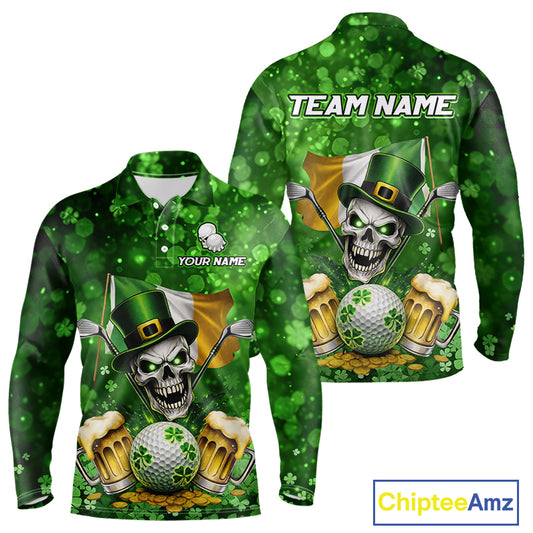 Custom Funny Skull Golf and Beer Ireland Flag Green St Patrick Team Polo shirts for Men, golfing gift NQS11485