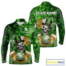 Load image into Gallery viewer, Custom Funny Skull Golf and Beer Ireland Flag Green St Patrick Team Polo shirts for Men, golfing gift NQS11485