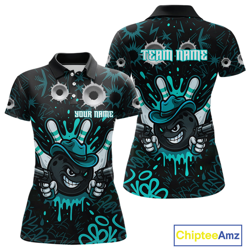 Black and Cyan Blue Bowling Cowboy gun Women bowling polo, 1/4 zip shirt Custom bowling team jersey NQS10689