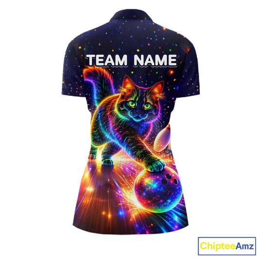Personalized Bowling Shirts for Women Custom Cat Team Bowling Apparel, Colorful Neon bowling shirts NQS11517