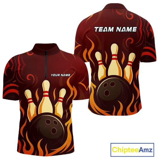 Red Flame Tribal Bowling Polo, Quarter Zip Shirts for Men Custom Team Bowling League Jerseys NQS10747