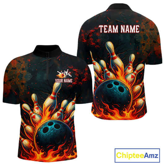 Red Flame Bowling Polo, Quarter Zip Shirts for Men Custom Team Bowling Outfit, Gift for Bowlers NQS10752