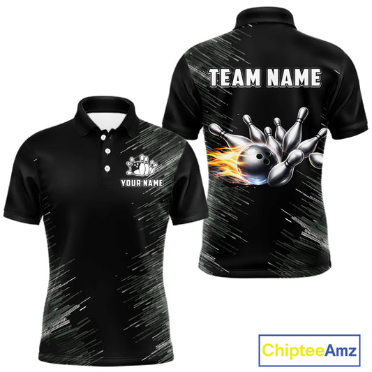 Black and silver Flame Bowling Shirts For Men Custom Team Bowling jerseys, Gift For Bowlers NQS11341