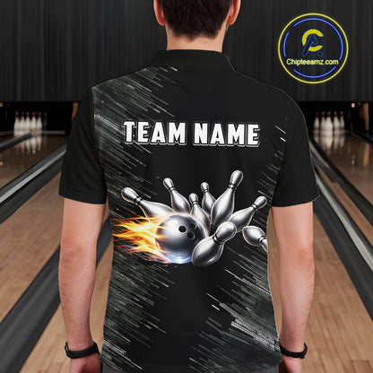 Black and silver Flame Bowling Shirts For Men Custom Team Bowling jerseys, Gift For Bowlers NQS11341