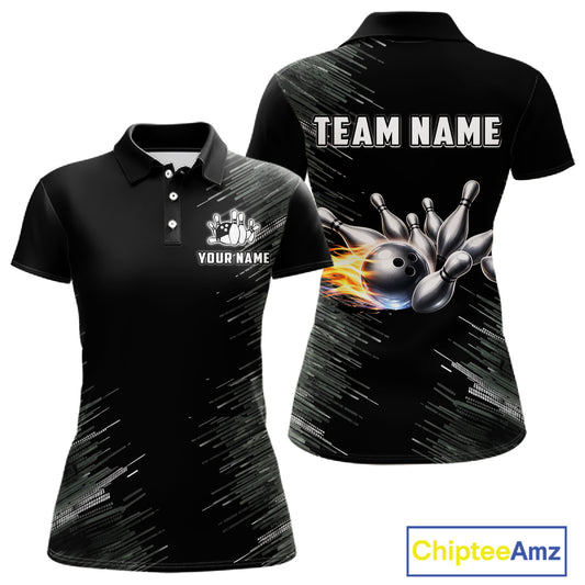 Black and silver Flame Bowling Shirts For Women Custom Team Bowling jerseys, Gift For Bowlers NQS11341