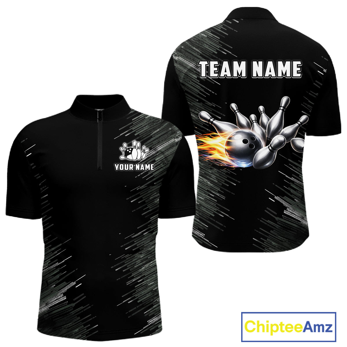 Black and silver Flame Bowling Shirts For Men Custom Team Bowling jerseys, Gift For Bowlers NQS11341
