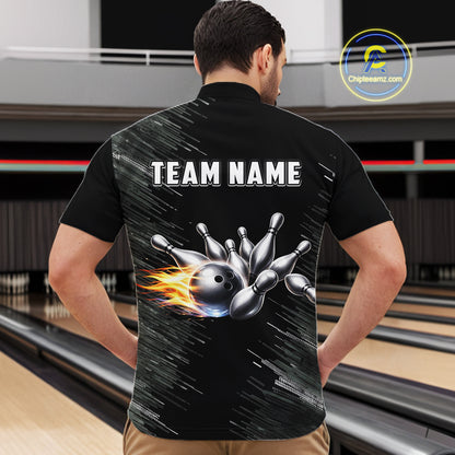 Black and silver Flame Bowling Shirts For Men Custom Team Bowling jerseys, Gift For Bowlers NQS11341