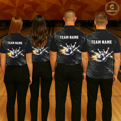 Black and silver Flame Bowling Shirts For Men Custom Team Bowling jerseys, Gift For Bowlers NQS11341