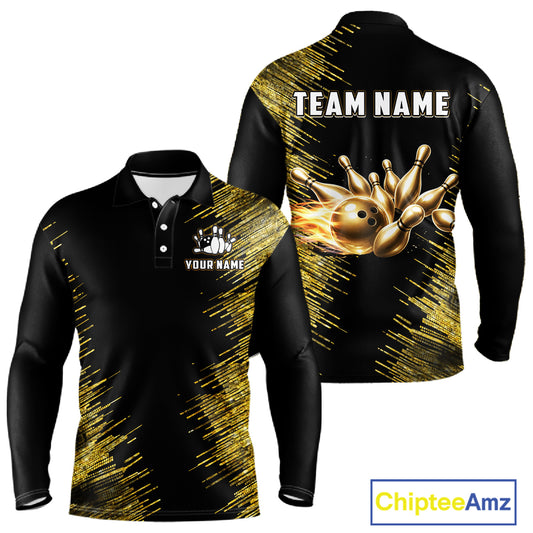 Black and Gold Flame Bowling Shirts For Men Custom Team Bowling jerseys, Gift For Bowlers NQS11342