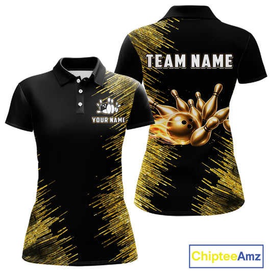 Black and Gold Flame Bowling Shirts For Women Custom Team Bowling jerseys, Gift For Bowlers NQS11342