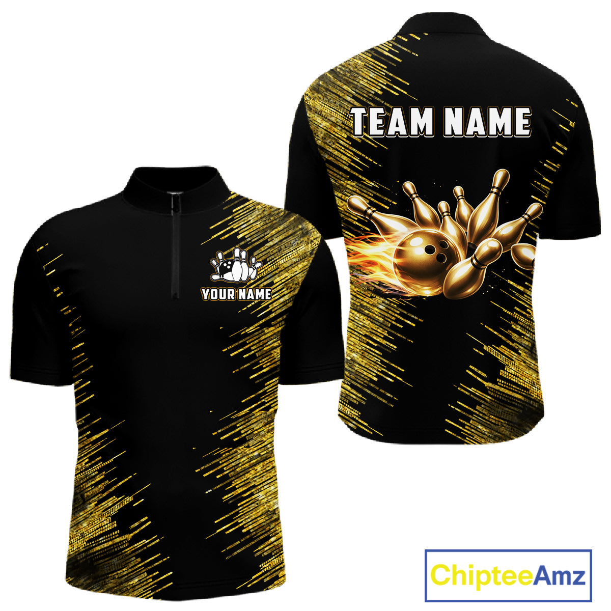 Black and Gold Flame Bowling Shirts For Men Custom Team Bowling jerseys, Gift For Bowlers NQS11342