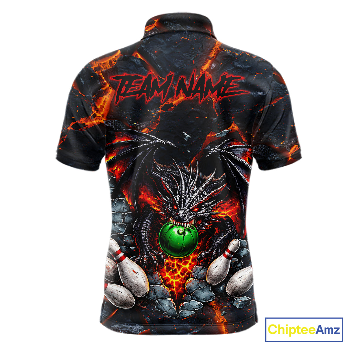 Custom Black And Orange Magma Dragon Bowling Shirts, Dragon Bowling Team Polo, 1/4 zip Jersey For Men NQS11559