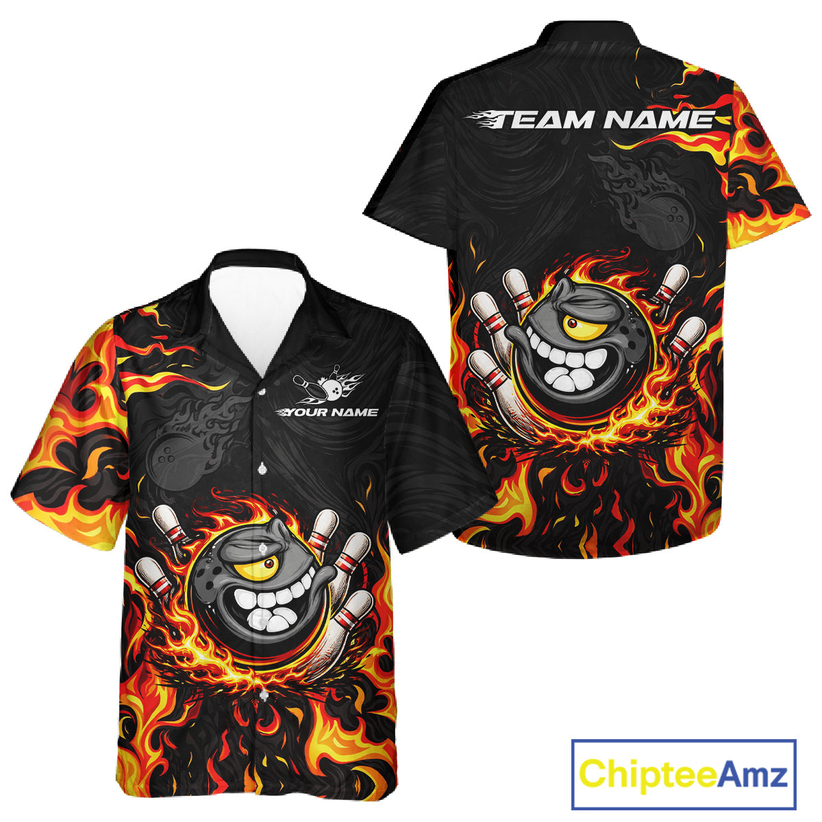Funny Angry Bowling Button-up Shirt Custom Black and Orange Flame Bowling Hawaiian Team jerseys NQS11683
